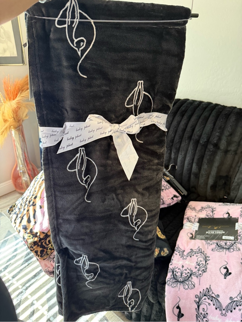 BABY PHAT Black Plush Throw Blanket with White Embroidered Dance Motifs